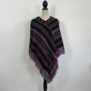 Crocheted Handmade Boho Black Rainbow Loose Knit Fringe Shawl Poncho Sweater OS